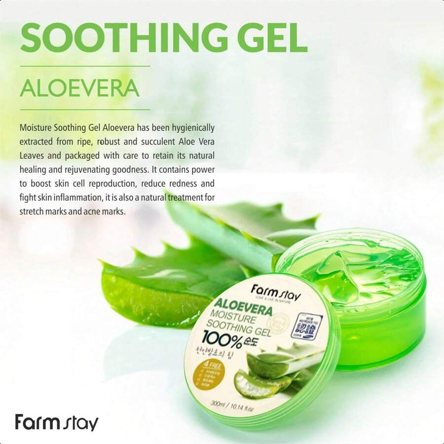 Farmstay Aloe Vera Moisture Soothing Gel - Hydrating Face Moisturizer - After Sun Gel For UV-Exposed Skin - Lightweight Body Moisturizer - 10.14 Oz 300ml