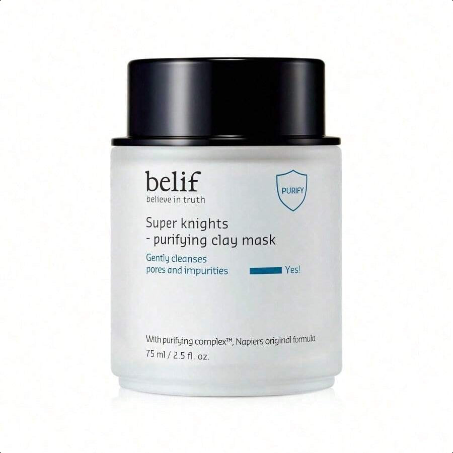 belif Super Knights Purifying Clay Mask, Hyaluronic Acid & Glycerin, Hydrating Wash Off Clay Face Mask