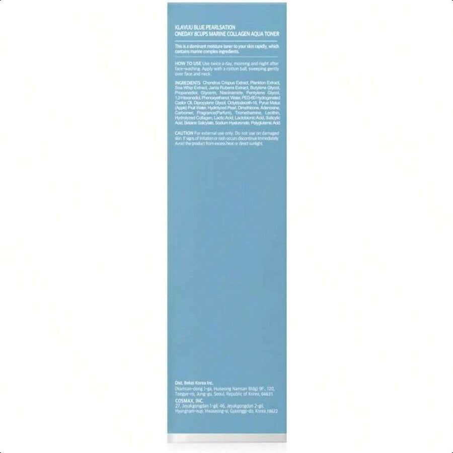 KLAVUU Blue PEARLSATION ONE Day 8 Cups Marine Collagen Aqua Toner 140ml/4.73 Oz - Deeply Hydrating & Soothing For Skin Radiance