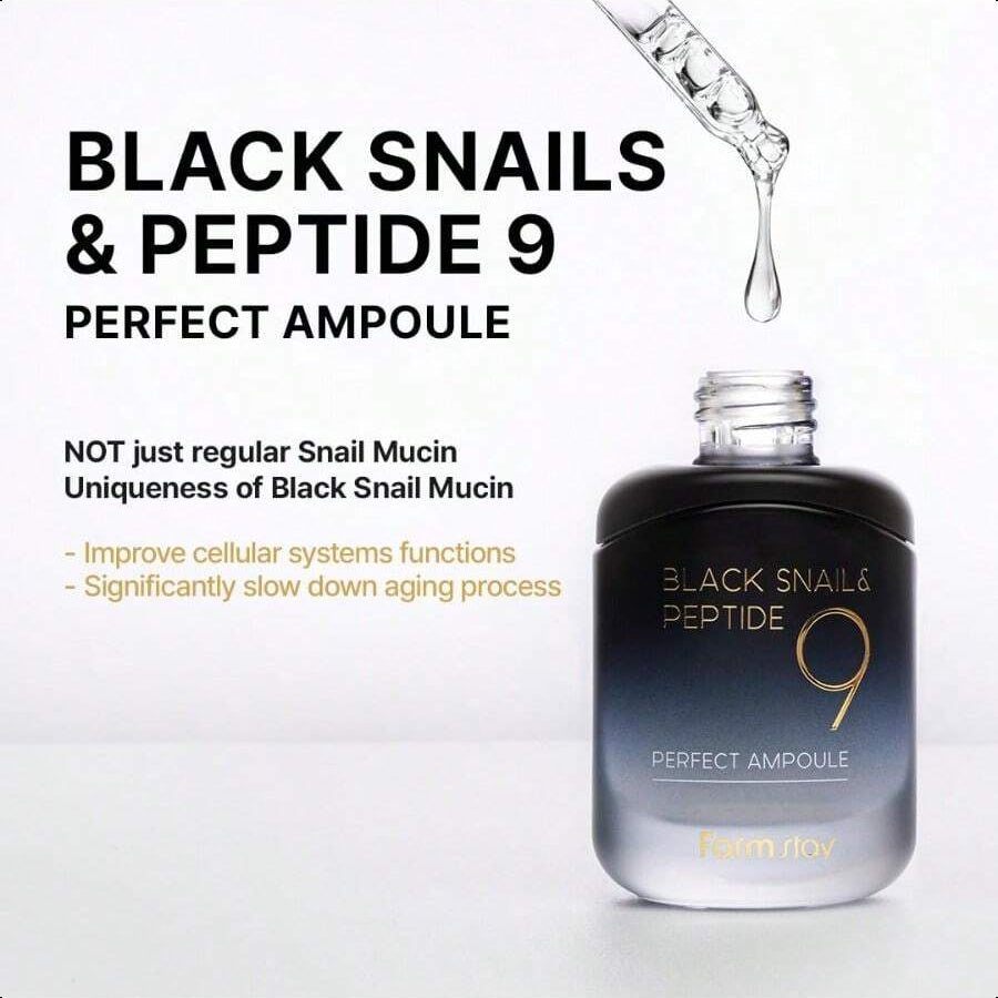 Farmstay Black Snail & Peptide9 Perfect Ampoule, Korean Snail Mucin Serum For Elastic & Glow Skin, Boosting Radiance & Repairing Skin Barrier Serum, For Women & Men, Korean Skin Care, 1.18 Fl. Oz.35ml