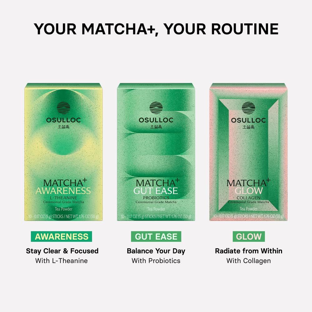 OSULLOC MATCHA+ AWARENESS Tea Powder 10 Sticks(5g each), Ceremonial Grade Matcha with L-Theanine, 50g