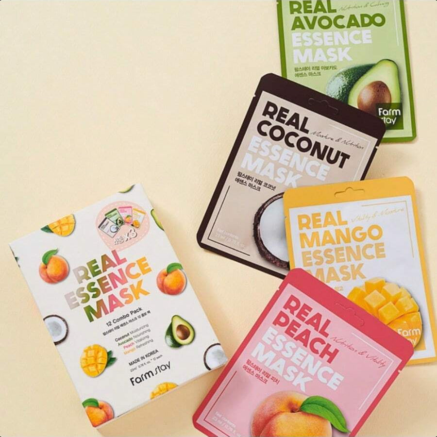 Farmstay Real Essence Mask(12-Combo) - Mango, Coconut, Peach, Avocado | Korean Skin Care Mask Sheet