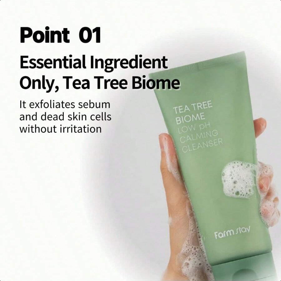 Farmstay Tea Tree Biome Low PH Calming Cleanser 180ml - Daily Facial Cleanser For Sensitive Skin, Korean Skin Care, Hydrating And Soothing Face Skin, Acne Free Cleansing Foam, Gentle Facial Cleanser, For