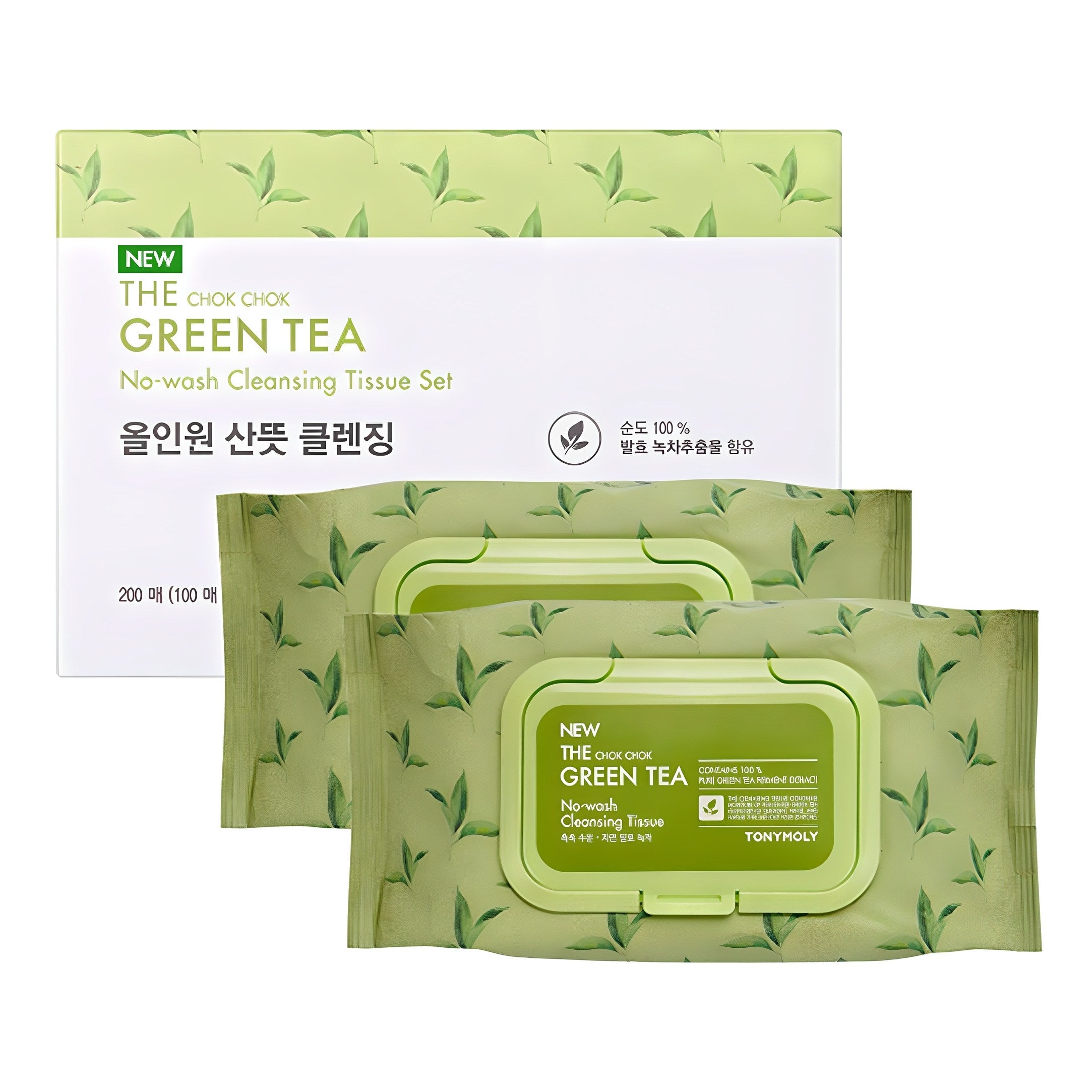 TONYMOLY The Chok Chok Green Tea No-Wash Cleansing Tissue Set 100 Sheets 2 Packs