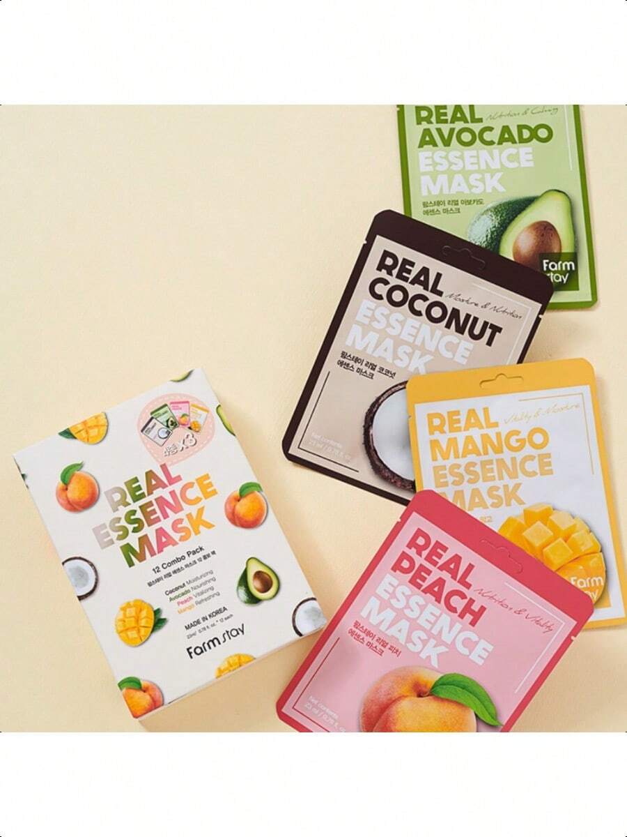 Farmstay Real Essence Mask(12-Combo) - Mango, Coconut, Peach, Avocado | Korean Skin Care Mask Sheet