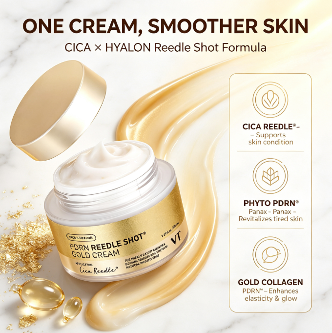 VT Cosmetics PDRN Reedle Shot Gold Cream, Anti-Aging Firming Face Cream with CICA & Hyalon, 50ml