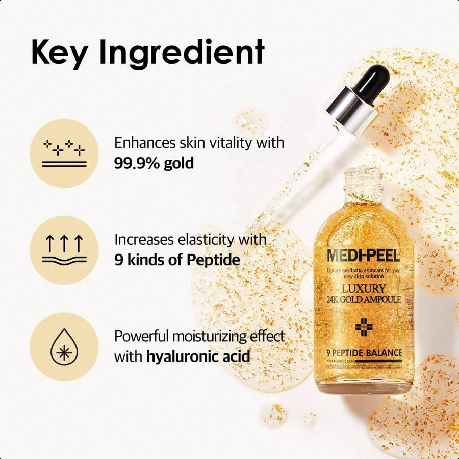 Medipeel Pure Gold 24K Ampoule 3.38 Fl.Oz / 100ml | 99.9% 24K Pure Gold All In One Ampoule, 5 Revitalizing Extracts To Minimize Moisture Loss, Brightens | Korean Skincare, For All Skin Types