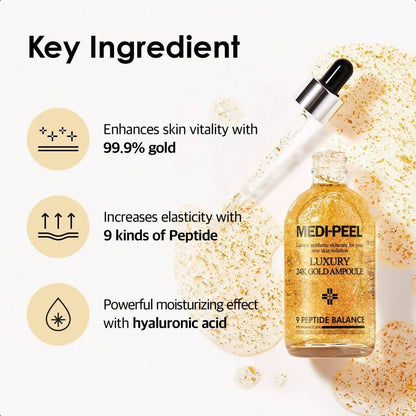 Medipeel Pure Gold 24K Ampoule 3.38 Fl.Oz / 100ml | 99.9% 24K Pure Gold All In One Ampoule, 5 Revitalizing Extracts To Minimize Moisture Loss, Brightens | Korean Skincare, For All Skin Types