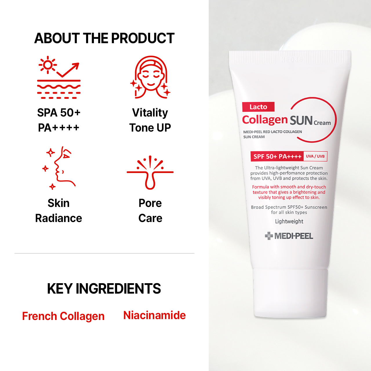 MEDIPEEL Red Lacto Collagen Sun Cream 50ml (Sunscreen, Sun, Cream, SPF 50 Sunscreen, Skincare, SPF Sunscreen, SPF50, Pore, Collagen, Suncare)