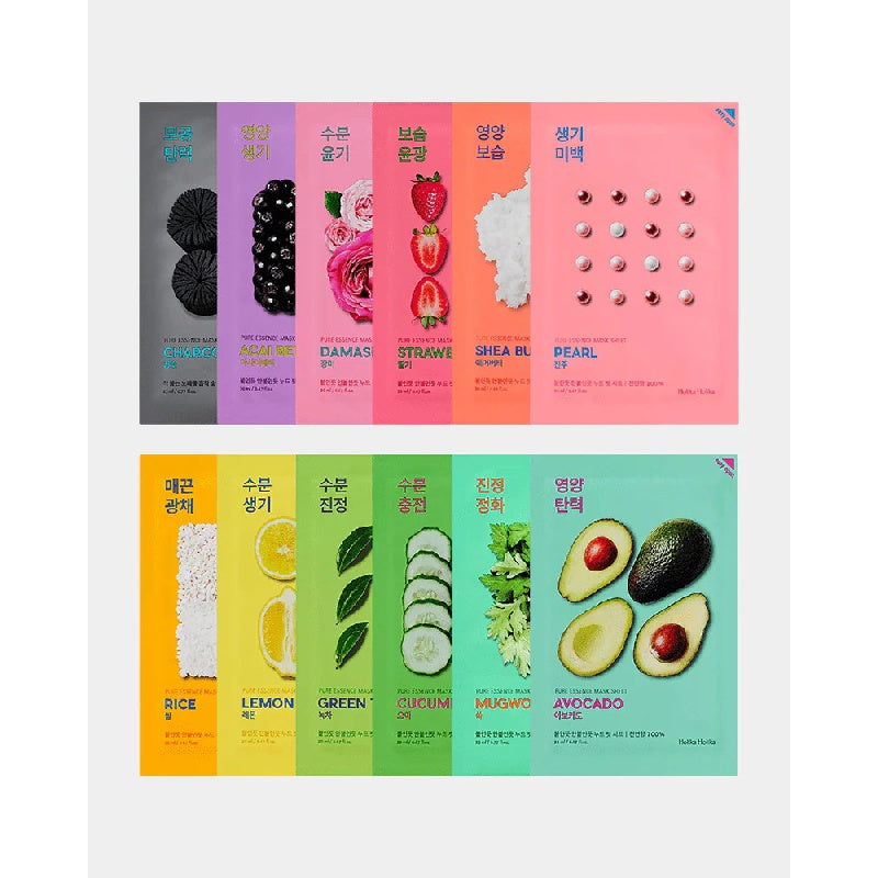 Holika Holika Pure Essence Mask 13 Type Innisfree Etude House Air Therapy Green Tea Rose Acai Berry Avocado Cucumber Charcoal Mugwort Lemon Pearl Shea Butter Rice Strawberry Makgeolli Brightening Moisturizing Hydrating