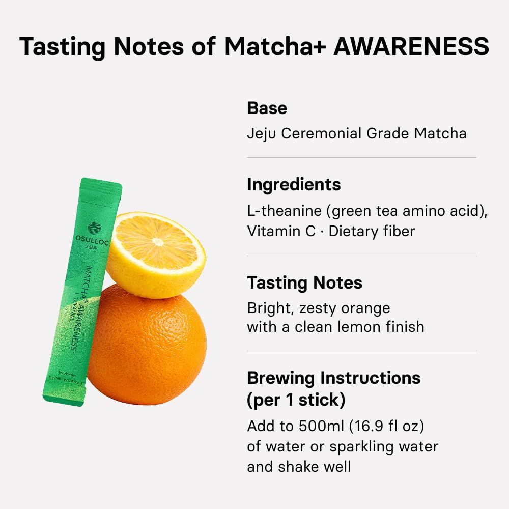 OSULLOC MATCHA+ AWARENESS Tea Powder 10 Sticks(5g each), Ceremonial Grade Matcha with L-Theanine, 50g