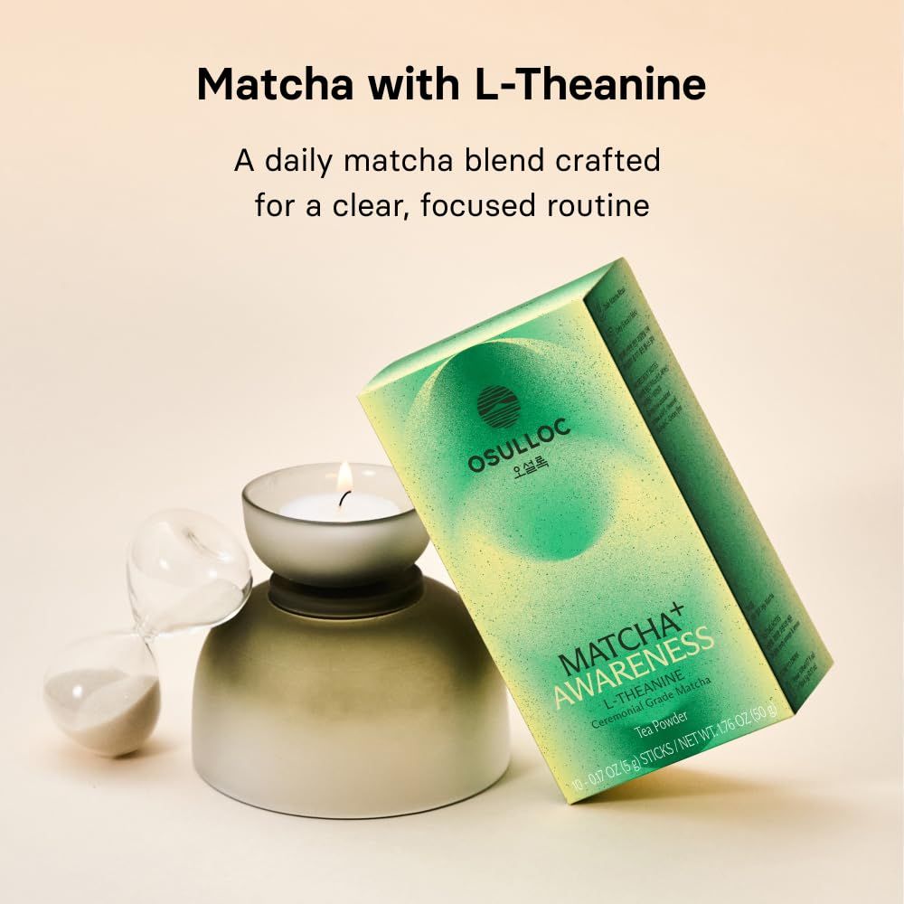 OSULLOC MATCHA+ AWARENESS Tea Powder 10 Sticks(5g each), Ceremonial Grade Matcha with L-Theanine, 50g