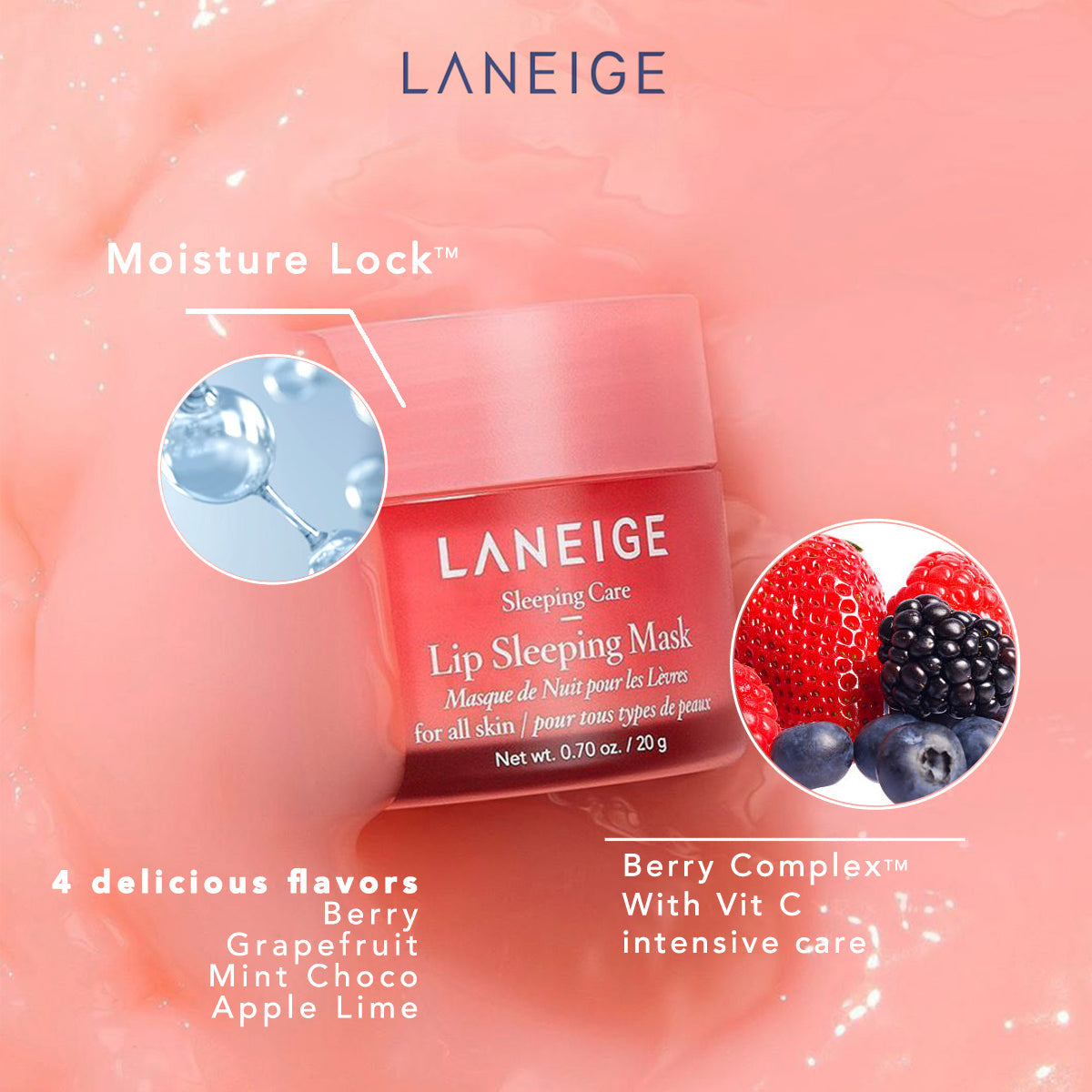 LANEIGE Lip Sleeping Mask EX 20g  Lip Sleeping Care, Removes Flaky Skin and Moisturizes Dry Lips