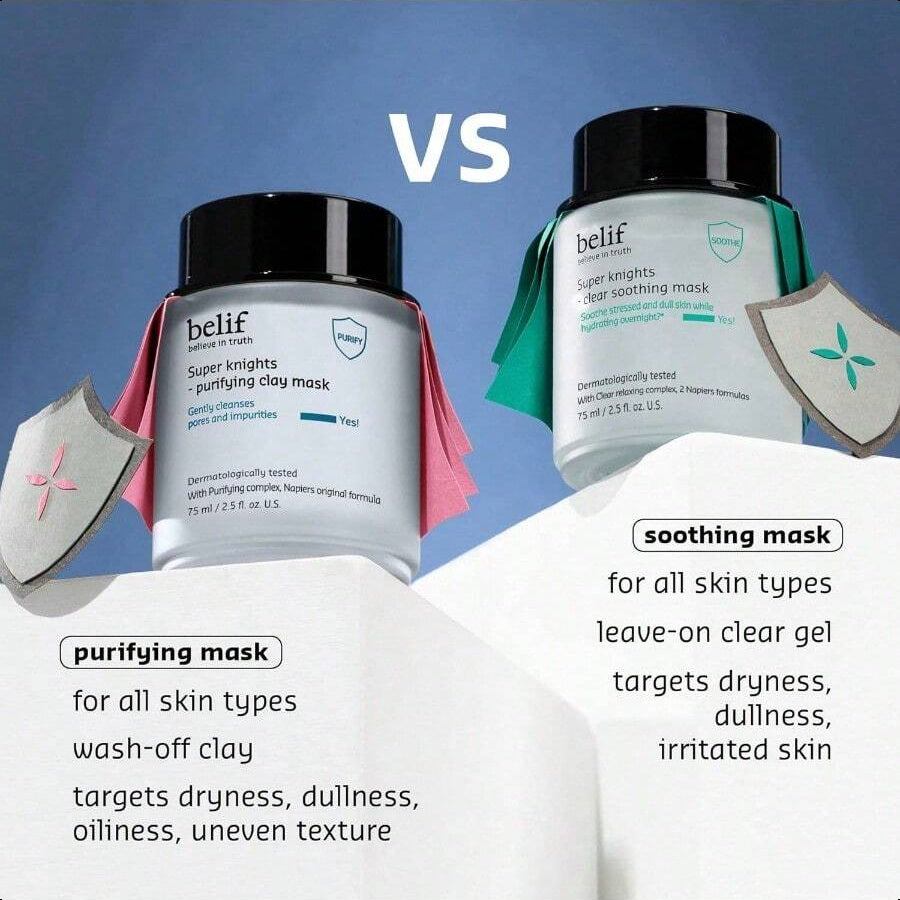 belif Super Knights Purifying Clay Mask, Hyaluronic Acid & Glycerin, Hydrating Wash Off Clay Face Mask