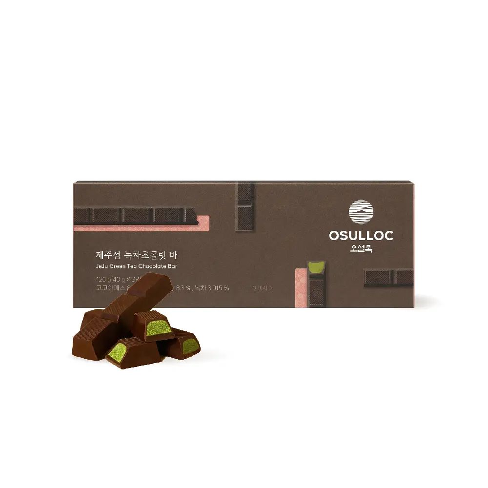 OSULLOC JeJu Green Tea Chocolate Bar, 120g(40g×3), 83% Cocoa Dark Chocolate with Green Tea Filling