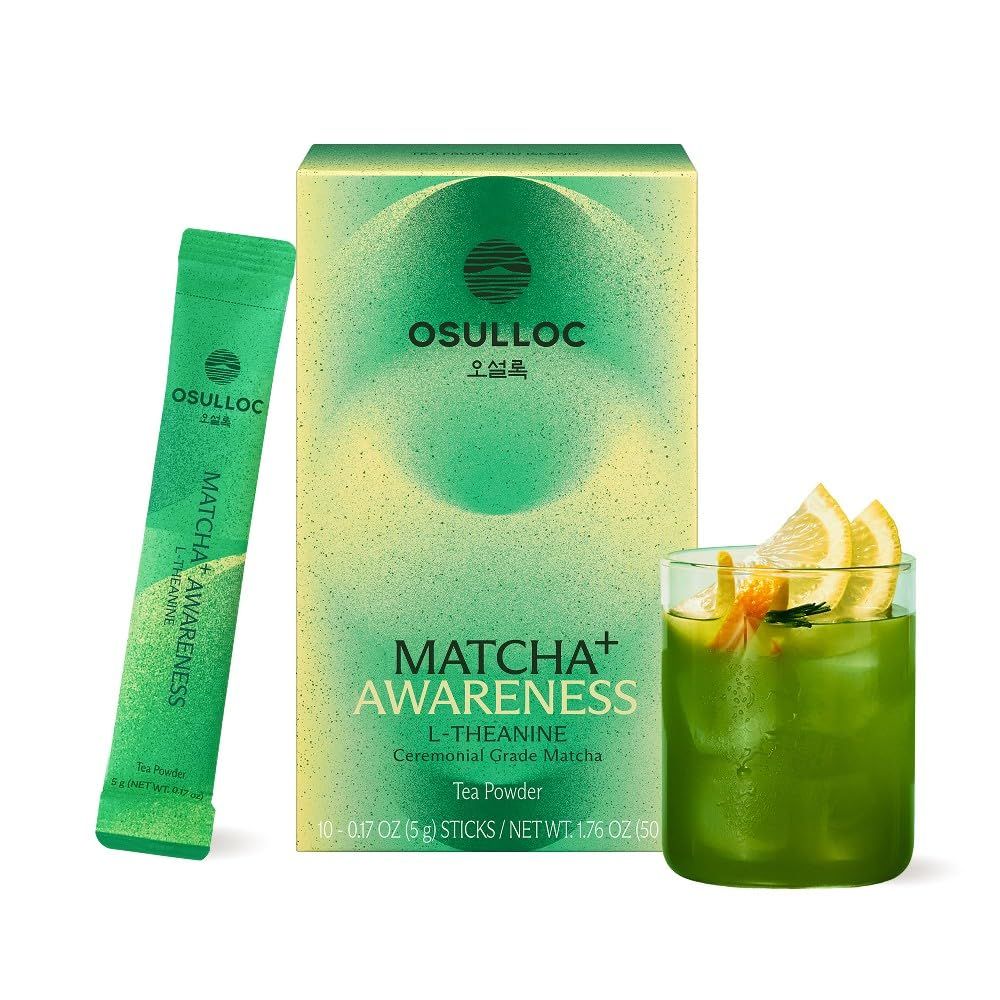 OSULLOC MATCHA+ AWARENESS Tea Powder 10 Sticks(5g each), Ceremonial Grade Matcha with L-Theanine, 50g