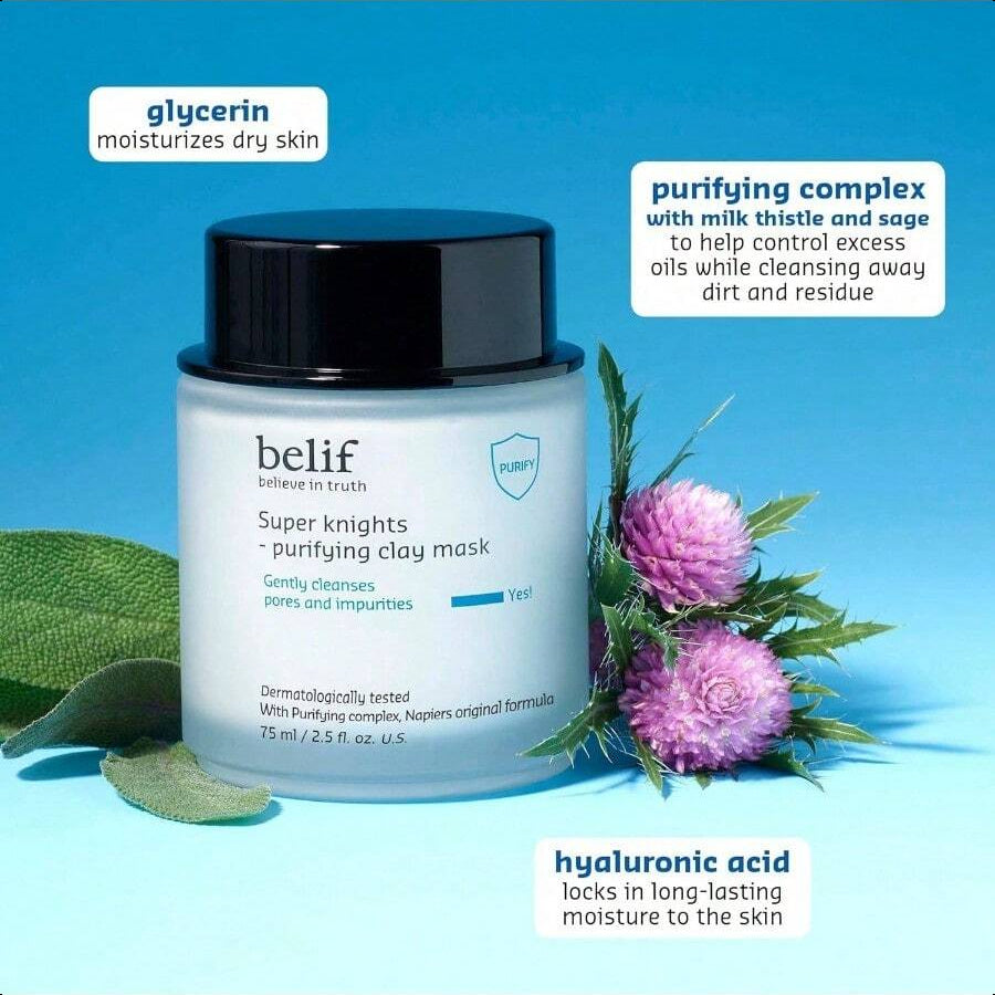 belif Super Knights Purifying Clay Mask, Hyaluronic Acid & Glycerin, Hydrating Wash Off Clay Face Mask