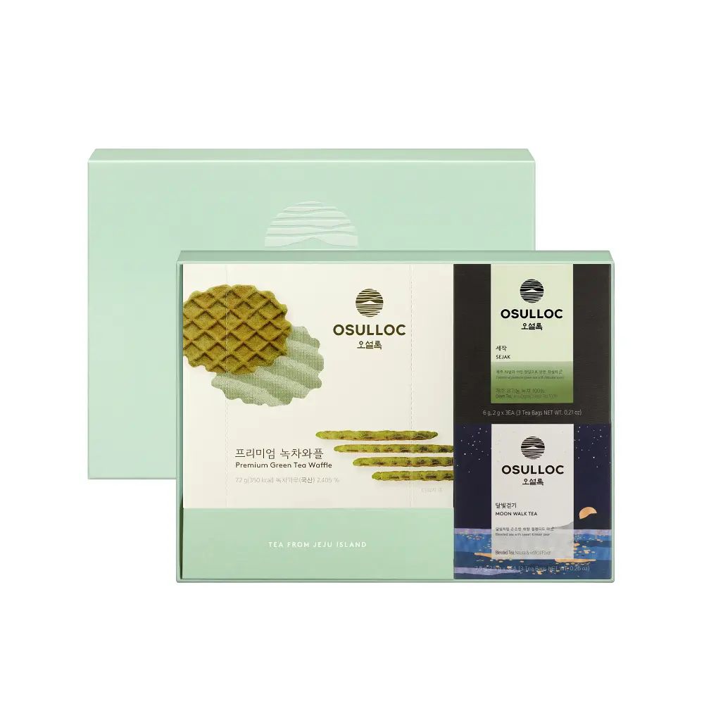 OSULLOC Green Tea Waffle Afternoon Tea Gift Set, Jeju Green Tea Waffle + 6 Tea Bags, Korean Gift Box