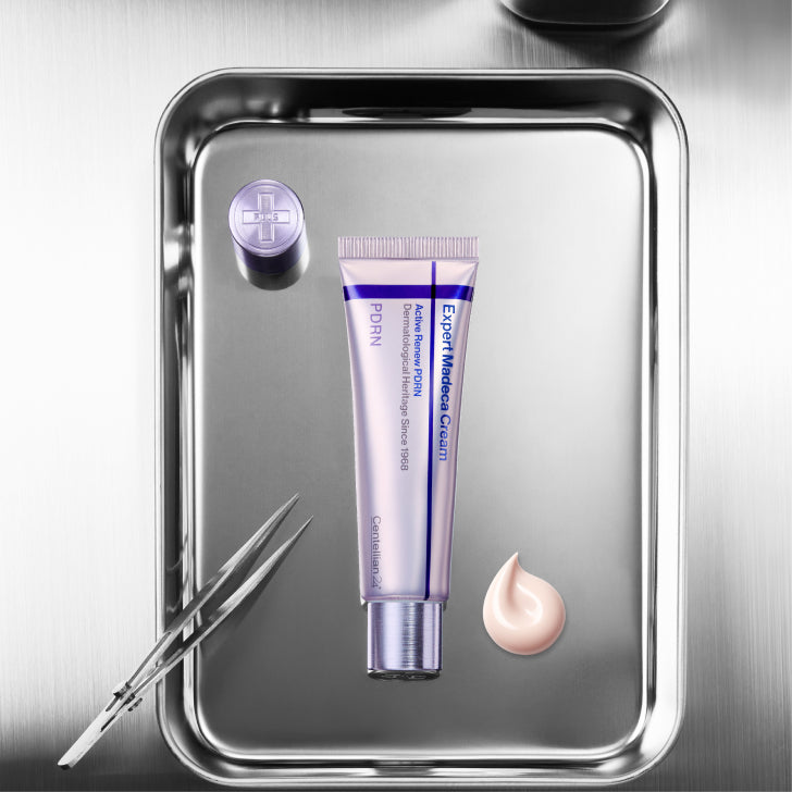 Centellian 24 Expert Madeca Cream PDRN skincare product on clinical stainless steel tray.