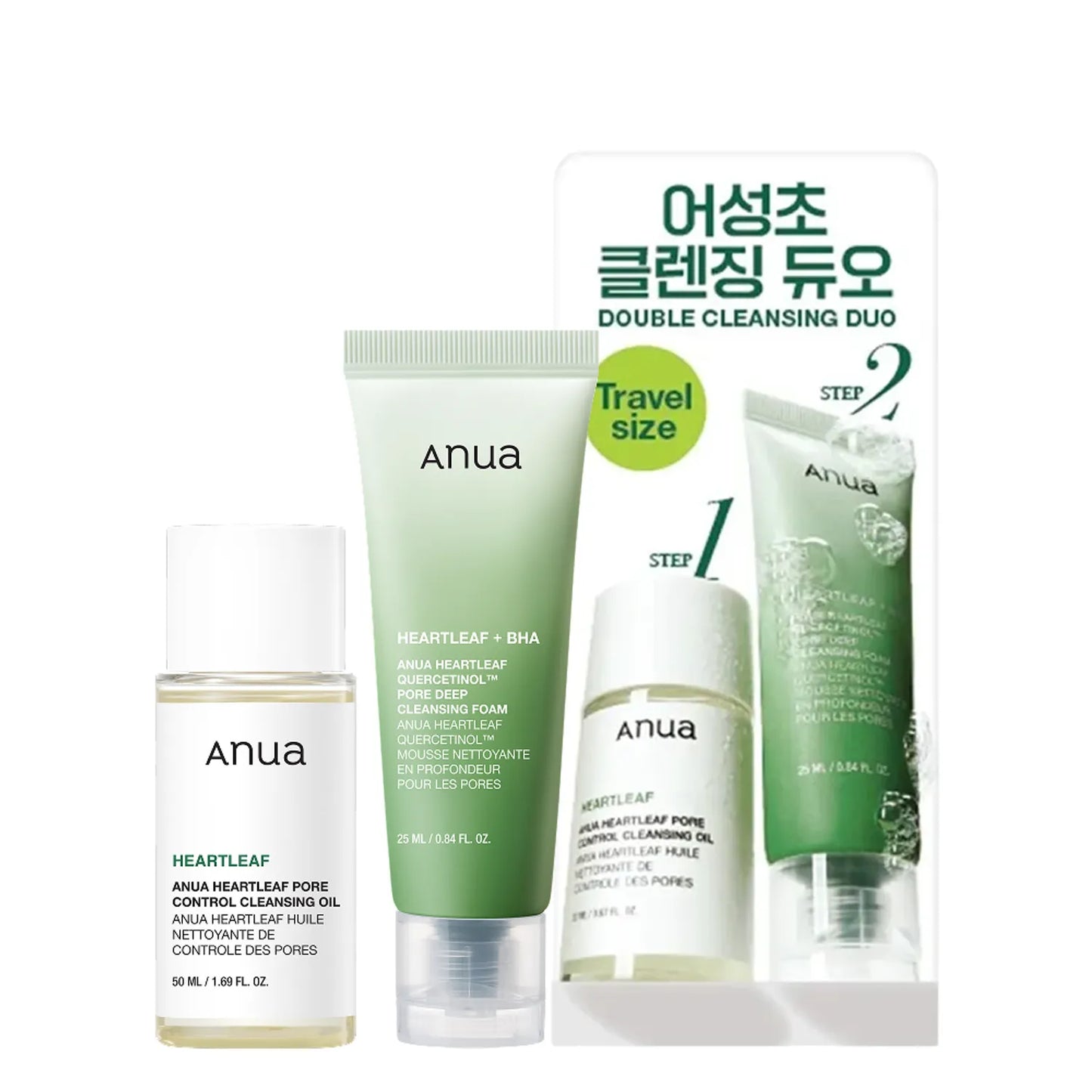 Anua Heartleaf Travel Cleansing Set (Heartleaf Pore Control Cleansing Oil 20ml+ Heartleaf Quercetinol Pore Deep Cleansing Foam 25m