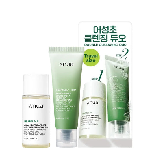 Anua Heartleaf Travel Cleansing Set (Heartleaf Pore Control Cleansing Oil 20ml+ Heartleaf Quercetinol Pore Deep Cleansing Foam 25m