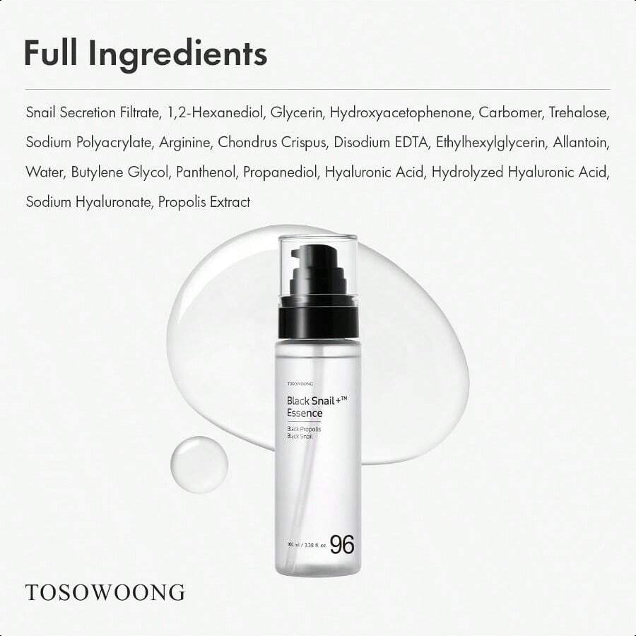 Tosowoong Black Snail Plus Essence 100ml/3.38oz | Ultra-Concentrated 960,890ppm Black Snail Secretion Filtrate