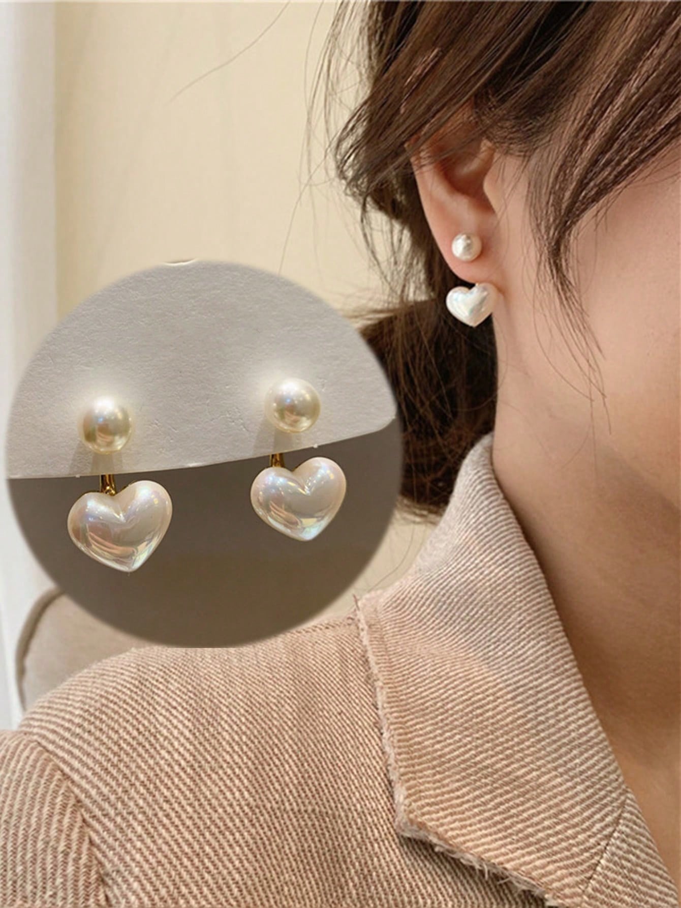 Faux Pearl Heart Double Studs