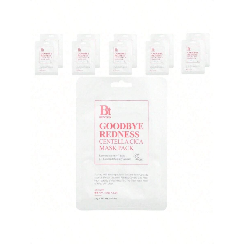 Benton Goodbye Redness Centella Cica Beauty Mask Pack, 10 Sheets, 0.81 Oz (23 G) Each