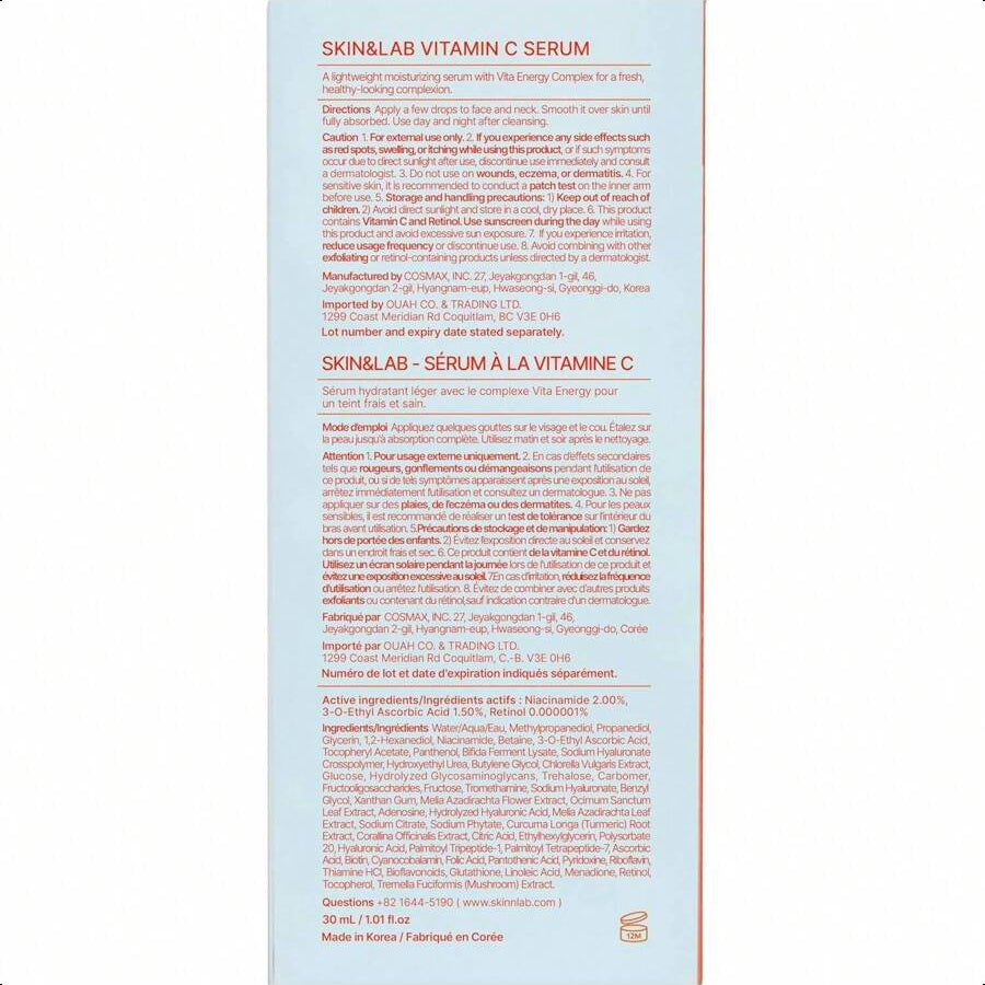 Skin&Lab Vitamin C Serum For Face With Hyaluronic Acid And Niacinamide 30ml/1.01 Oz