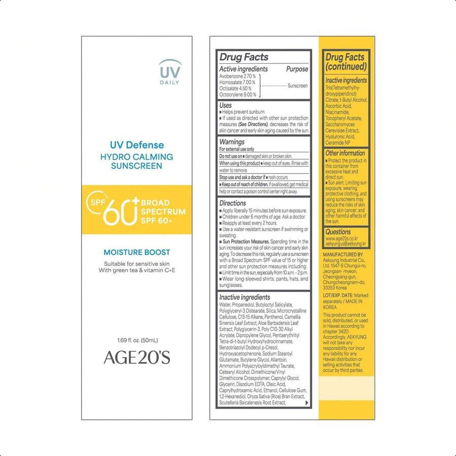 Age20's UV Defense Hydro Calming Sunscreen SPF 60+ | Korean Sunscreen | Moisturizing Creamy