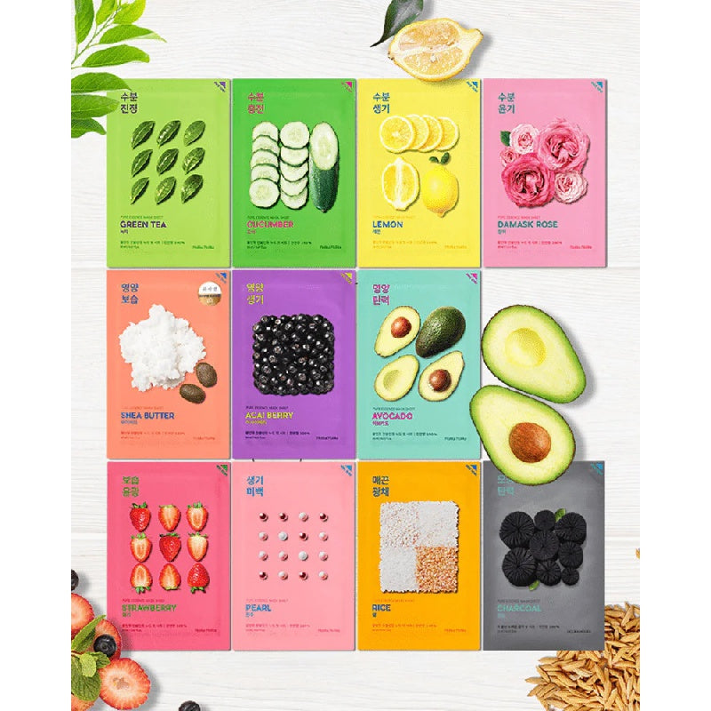 Holika Holika Pure Essence Mask 13 Type Innisfree Etude House Air Therapy Green Tea Rose Acai Berry Avocado Cucumber Charcoal Mugwort Lemon Pearl Shea Butter Rice Strawberry Makgeolli Brightening Moisturizing Hydrating