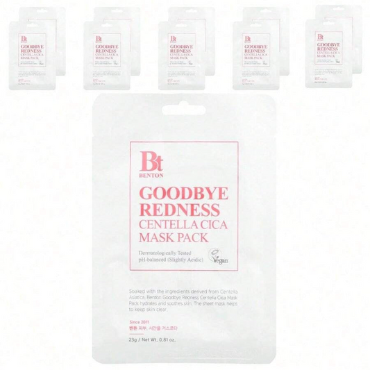 Benton Goodbye Redness Centella Cica Beauty Mask Pack, 10 Sheets, 0.81 Oz (23 G) Each