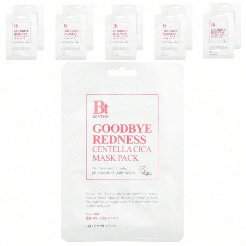 Benton Goodbye Redness Centella Cica Beauty Mask Pack, 10 Sheets, 0.81 Oz (23 G) Each