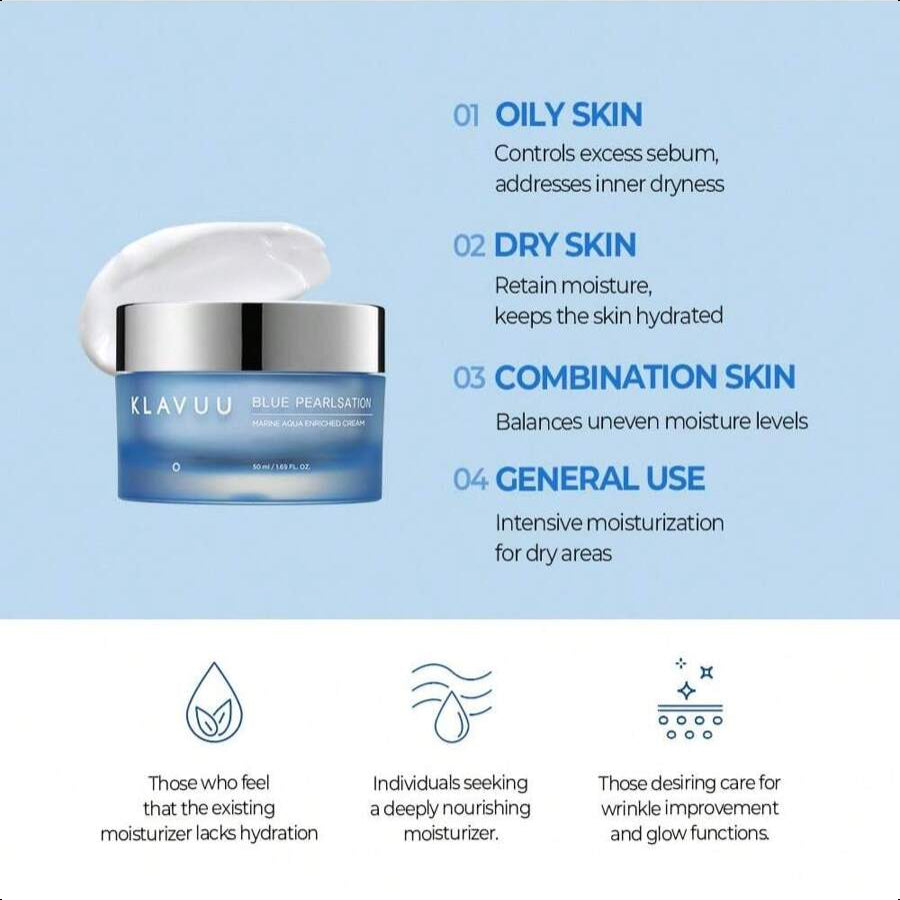 KLAVUU BLUE PEARLSATION MARINE AQUA ENRICHED CREAM 50ml/1.69 Oz  - Hypoallergenic Deep Moisturizer With Apple Water For Nourished