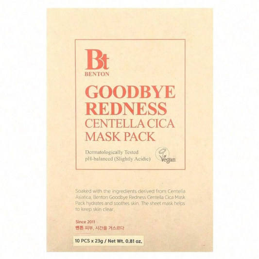 Benton Goodbye Redness Centella Cica Beauty Mask Pack, 10 Sheets, 0.81 Oz (23 G) Each