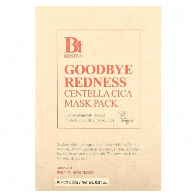 Benton Goodbye Redness Centella Cica Beauty Mask Pack, 10 Sheets, 0.81 Oz (23 G) Each