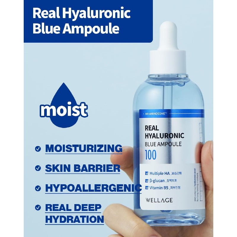 Wellage Real Hyaluronic Blue 100 Ampoule 60ml - Multiple HA, β-Glucan, Vitamin B5