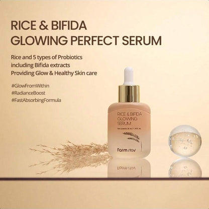 Farmstay Rice & Bifida Glowing Serum, Dark Spot Remover Correcting For Face With Niacinamide, For Women & Men, Korean Skin Care, 1.18 Fl. Oz.35ml