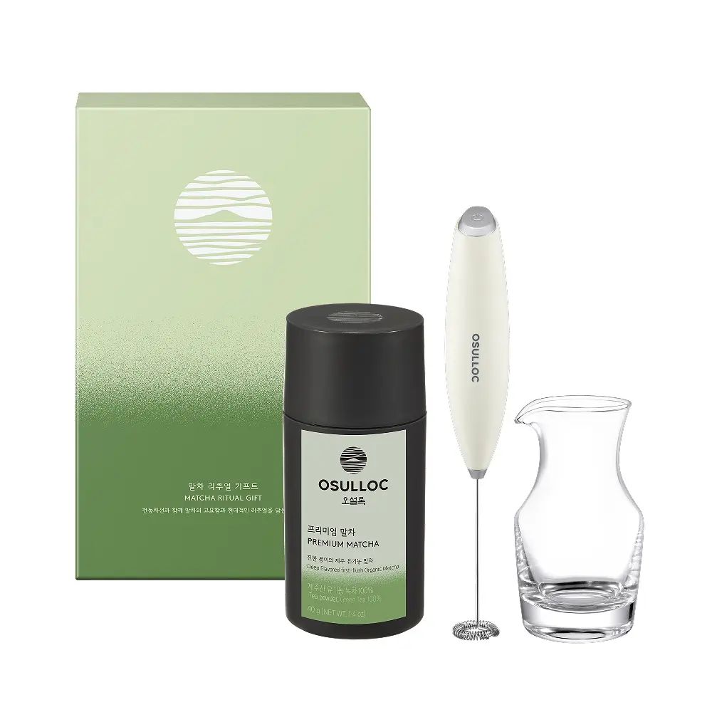 OSULLOC Matcha Ritual Gift Set, Premium Jeju Organic Matcha Powder 40g + Electric Whisk + Glass Pitcher