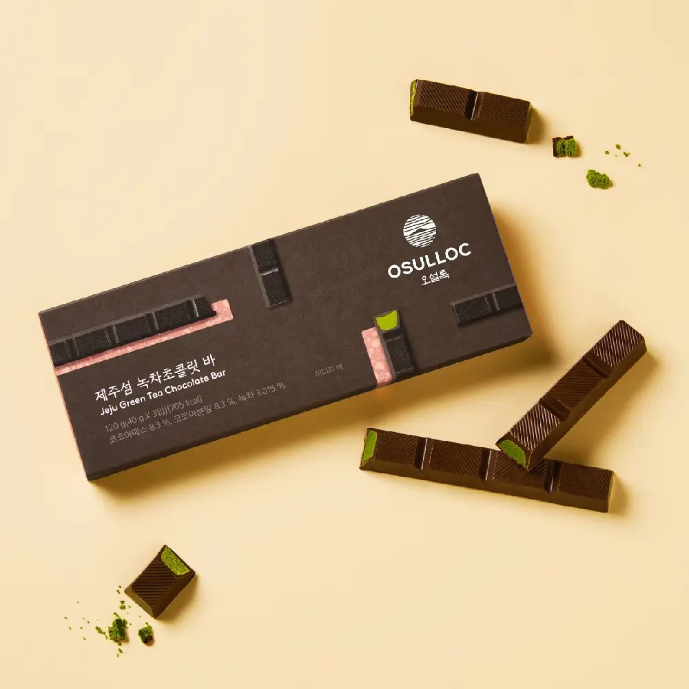 OSULLOC JeJu Green Tea Chocolate Bar, 120g(40g×3), 83% Cocoa Dark Chocolate with Green Tea Filling