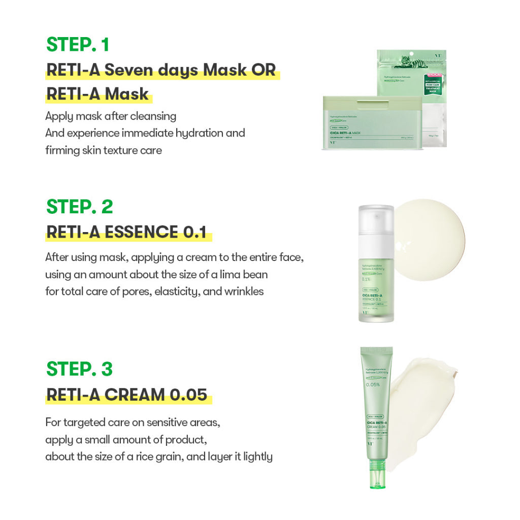 [VT COSMETICS] Cica Retinol Essence 0.1& Cream 0.05& Reti-A Mask 30pcs