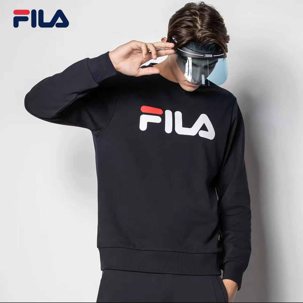 FILA メンズ ラウンドネック 大きなロゴ 長袖 スポーツ カジュアル Tシャツ トップス ボトム