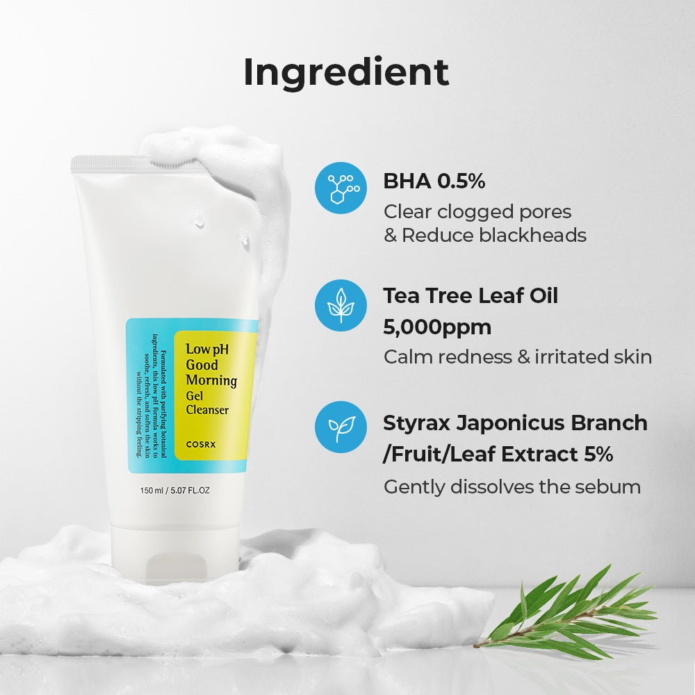 COSRX  Low pH Good Morning Gel Cleanser 150ml, BHA 0.5%, Tea Tree Leaf Oil 0.5%, Daily Mild Cleanser for Sensitive Skin - Premium  from Welcome to Sungsinsa - Just $9.92! Shop now at SUNGSINSA- Korea Beauty